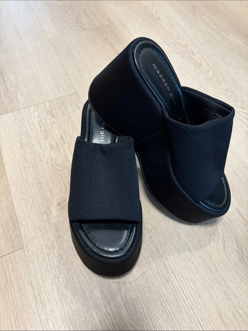 Madden Girl Black Chunky Platform Slide Mules